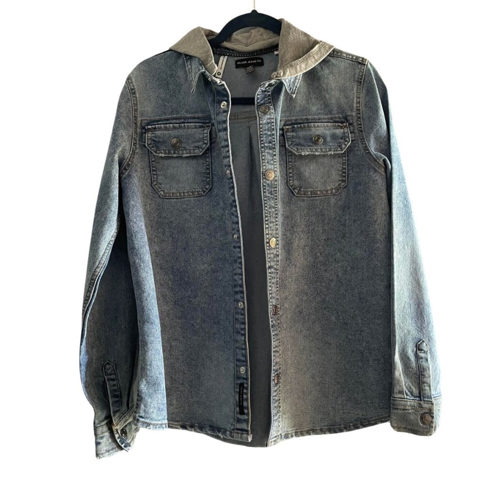 Boys XL Silver Jeans Co Removable hooded buton up Denim Jacket